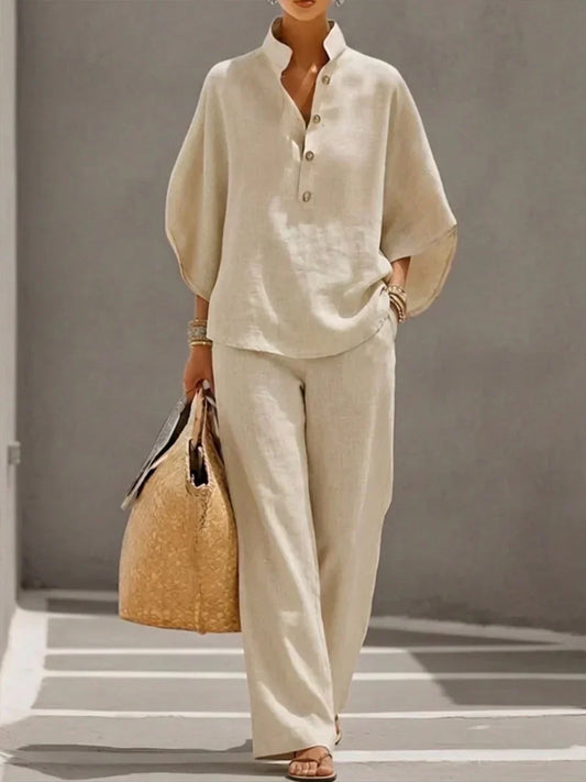 Maribel | Conjunto de lino con mangas murciélago y pantalón amplio
