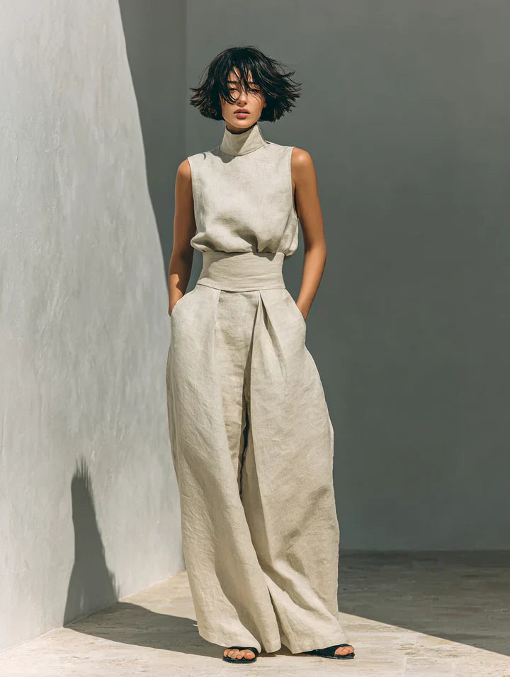 Flor | Conjunto minimalista de top y pantalón amplio de algodón y lino