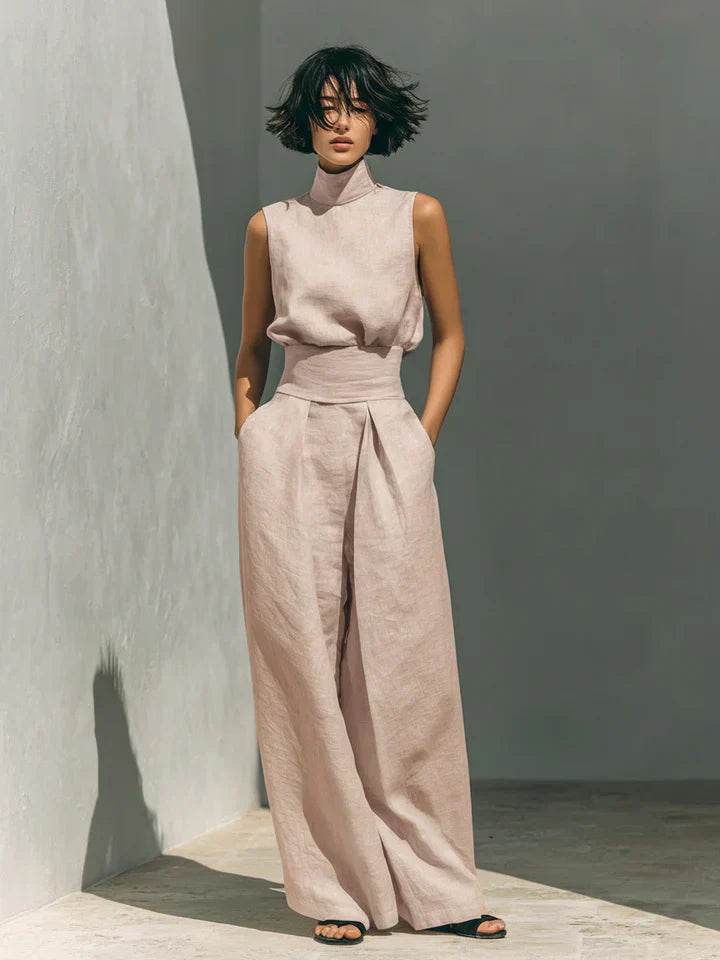 Flor | Conjunto minimalista de top y pantalón amplio de algodón y lino
