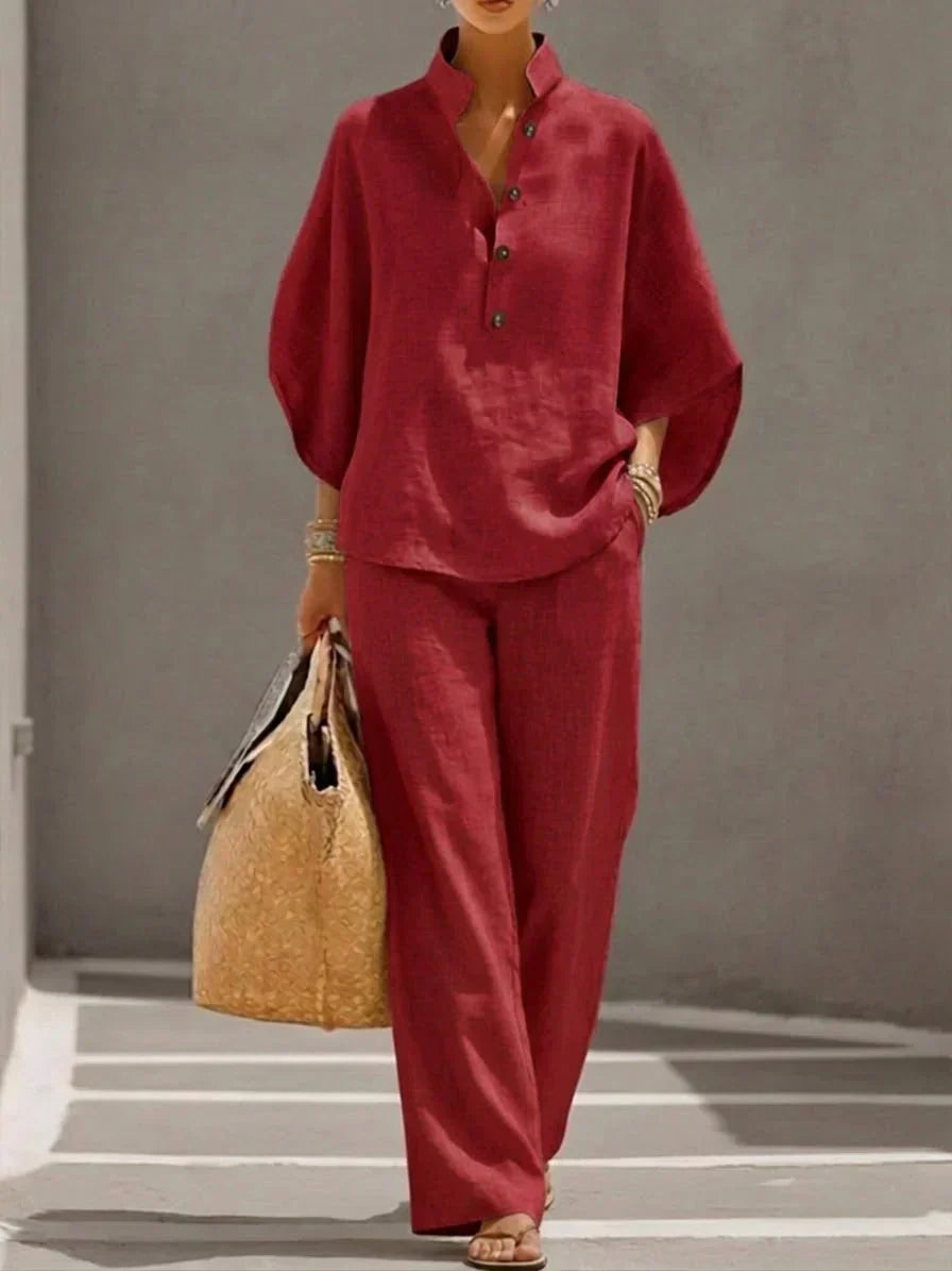 Maribel | Conjunto de lino con mangas murciélago y pantalón amplio