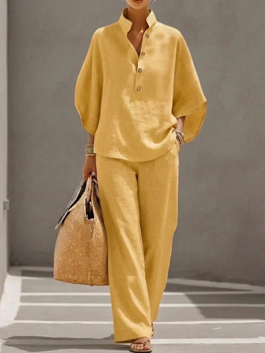 Maribel | Conjunto de lino con mangas murciélago y pantalón amplio